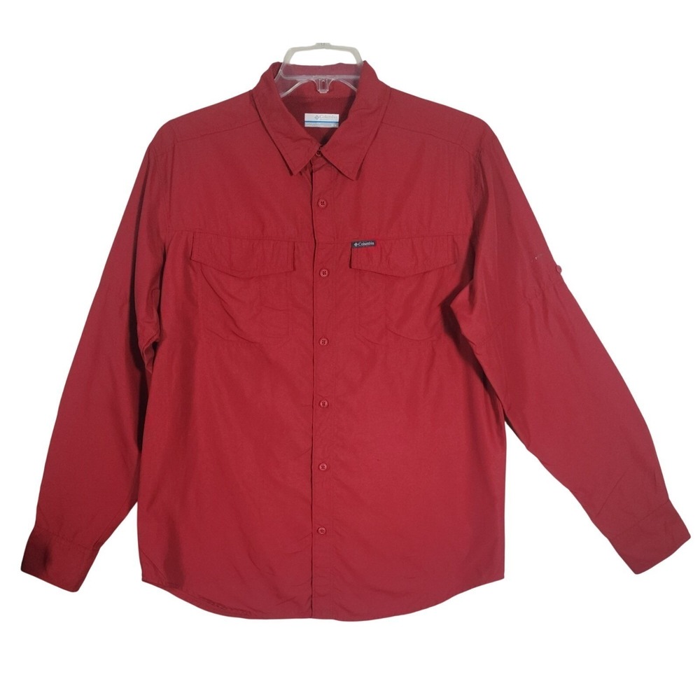 Columbia Omni-Shade Mens M Shirt Red Fishing Hiking Camping Nylon Long Sleeve